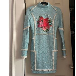 Baby Blue bedazzled pearl mini dress size small